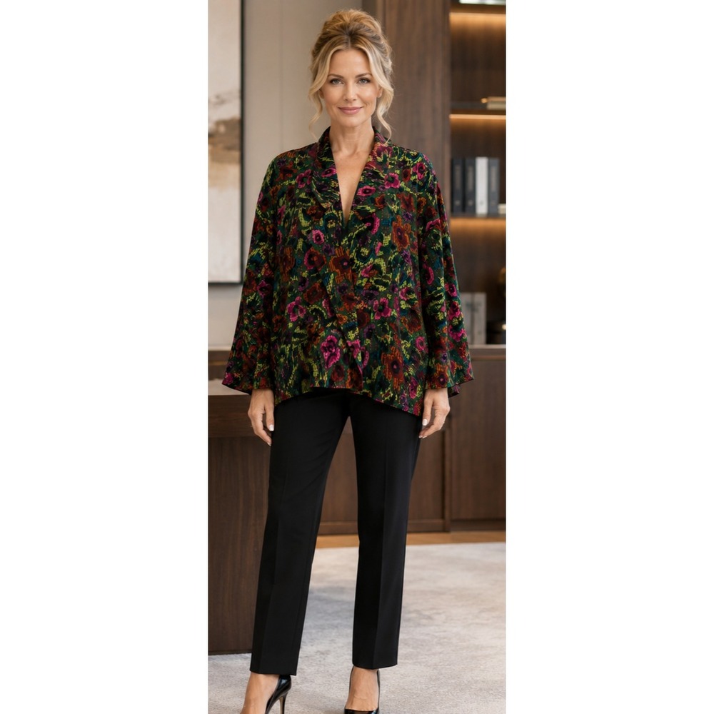 Adam Douglas 100% Silk Jacket Abstract Floral Kimono Draped Art Wear *Size Small